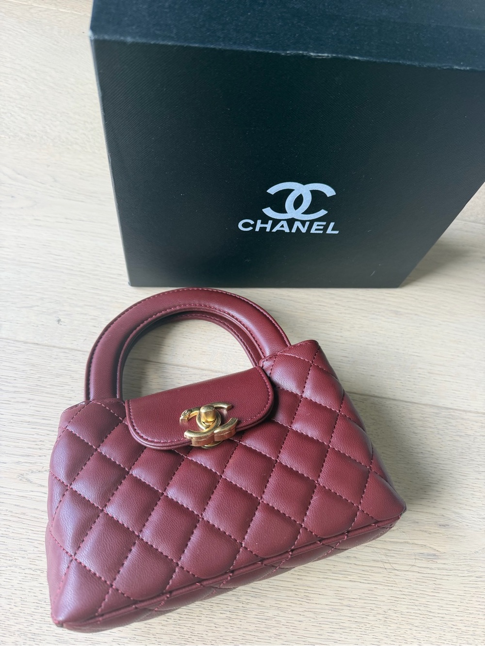 CHANEL Burgundy Quilted Mini Top-Handle Bag with Gold CC